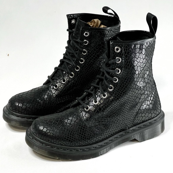 Dr. Martens Shoes - Doc Martens Pascal 1460 Shimmer Snake Embossed Leather Combat Boots Black